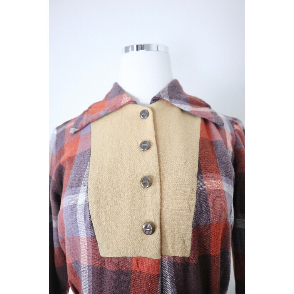 Vintage 1970s Wool Tartan Collared Dress Button Front Plaid Check Brown Orange - Picture 3 of 12